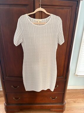 Etcetera Beige and Cream Knit Short-Sleeve Sweater Dress